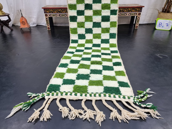 BEAUTIFUL BENIOURAIN RUG, Moroccan Handmade Carpet,Pickle,Dark Green And White Rug,Berber Rug, Azilal Rug,Checkered Rug,Berber Handwoven Rug