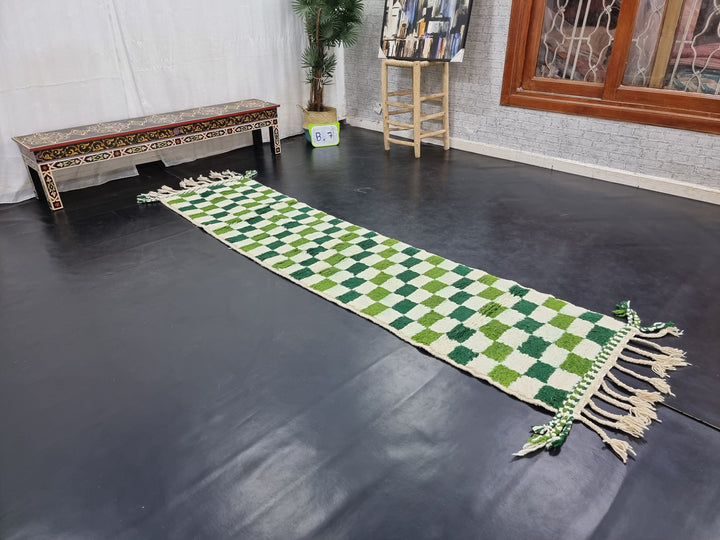 BEAUTIFUL BENIOURAIN RUG, Moroccan Handmade Carpet,Pickle,Dark Green And White Rug,Berber Rug, Azilal Rug,Checkered Rug,Berber Handwoven Rug