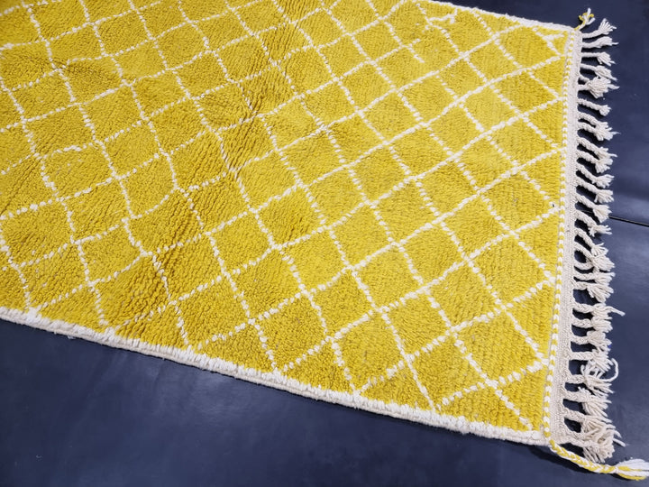 STUNNING BENIOURAIN RUG, Moroccan Handmade Carpet, Yellow And White Rug, Berber Wool Rug, Berber Rug, Geometric Rug,Berber Handwoven Carpet