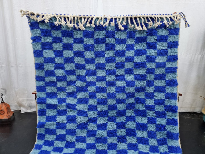 AMAZING BENIOURAIN RUG, Moroccan Handmade Carpet, Light Blue and Blue Rug, Berber Wool Rug, Berber Rug, Checkered Rug,Berber Handwoven Rug