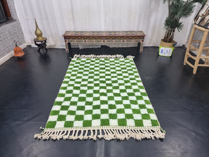 UNIQUE BENIOURAIN RUG, Moroccan Handmade Carpet, India Green And White Rug, Berber Wool Rug, Berber Rug, Checkered Rug,Berber Handwoven Rug