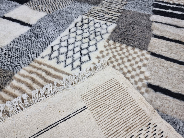 Unique Moroccan Rug, White, Black and Grey Rug, Beni Ourain Rug, Handmade Wool, Plush Berber Rug, Abstract Wool Rug, Authentic Moroccan Rug.