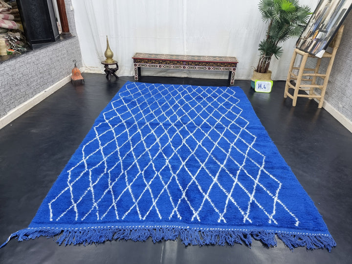 HANDMADE BENIOURAIN RUG, Moroccan Berber Carpet, Azilal Rug, Geometric Rug, Handmade Wool Rug, Royal Blue And White Rug, Handwoven Carpet .