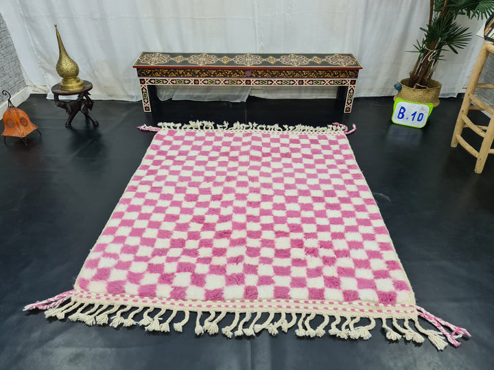 GORGEOUS BENIOURAIN RUG, Moroccan Handmade Carpet, Pink And White Rug, Berber Wool Rug, Berber Rug, Checkered Rug,Berber Wool Handwoven Rug