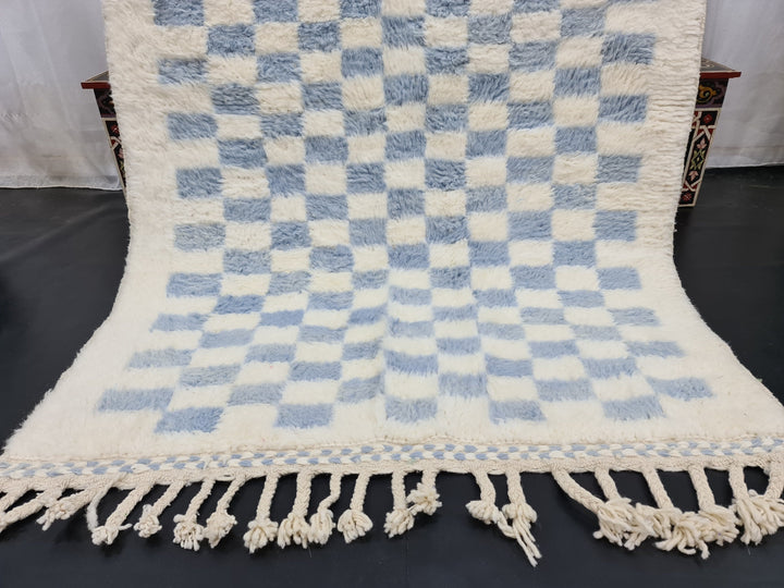 BEAUTIFUL BENIOURAIN RUG, Moroccan Handmade Carpet, Light Blue And White Rug, Berber Wool Rug, Berber Rug,Checkered Rug,Berber Handwoven Rug