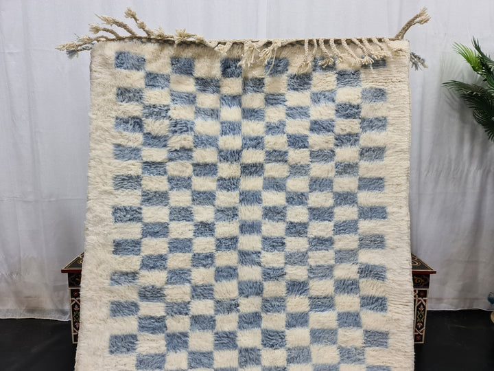 BEAUTIFUL BENIOURAIN RUG, Moroccan Handmade Carpet, Light Blue And White Rug, Berber Wool Rug, Berber Rug,Checkered Rug,Berber Handwoven Rug