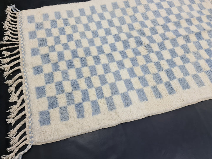 BEAUTIFUL BENIOURAIN RUG, Moroccan Handmade Carpet, Light Blue And White Rug, Berber Wool Rug, Berber Rug,Checkered Rug,Berber Handwoven Rug