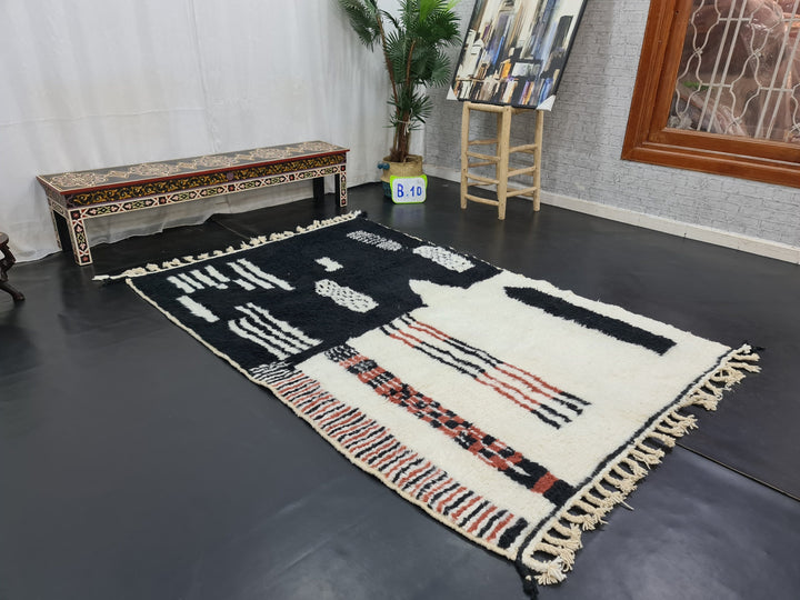 ARTISTIC BENIOURAIN RUG, Moroccan Handmade Carpet, Black,White And Brown Rug, Berber Wool Rug, Berber Rug, Abstract Rug,Berber Handwoven Rug