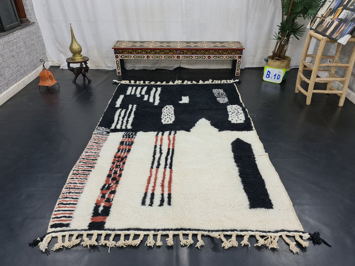 ARTISTIC BENIOURAIN RUG, Moroccan Handmade Carpet, Black,White And Brown Rug, Berber Wool Rug, Berber Rug, Abstract Rug,Berber Handwoven Rug