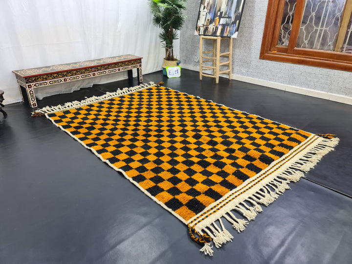 STUNNING BENIOURAIN RUG, Moroccan Handmade Carpet, Orange And Black Rug, Berber Wool Rug, Berber Rug, Checkered Rug,Berber Handwoven Carpet