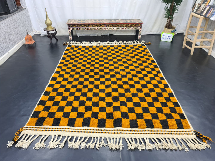 STUNNING BENIOURAIN RUG, Moroccan Handmade Carpet, Orange And Black Rug, Berber Wool Rug, Berber Rug, Checkered Rug,Berber Handwoven Carpet