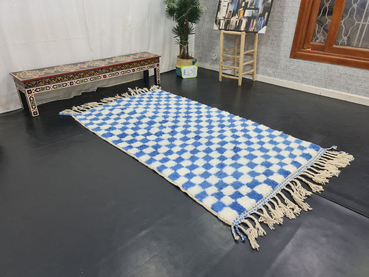 BEAUTIFUL BENIOURAIN RUG, Moroccan Handmade Carpet, Blue And White Rug, Berber Wool Rug, Berber Rug, Checkered Rug,Berber Handwoven Carpet .