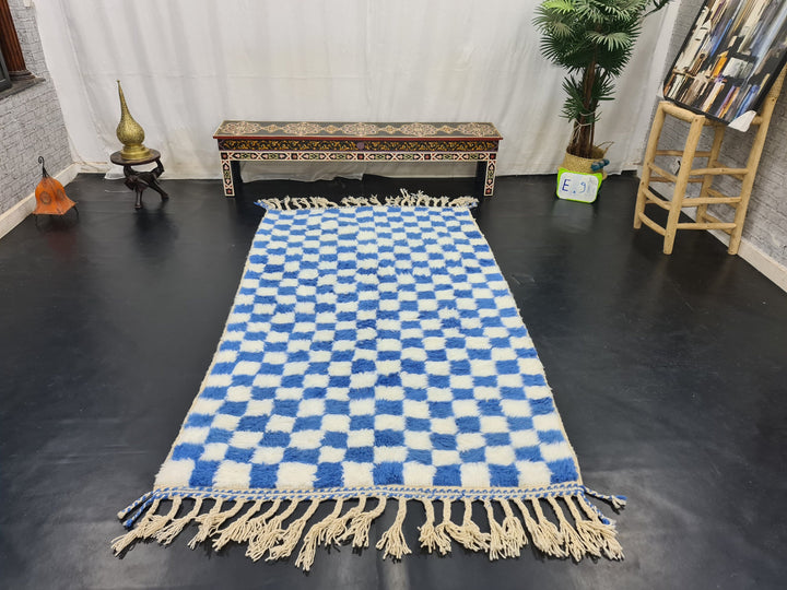 BEAUTIFUL BENIOURAIN RUG, Moroccan Handmade Carpet, Blue And White Rug, Berber Wool Rug, Berber Rug, Checkered Rug,Berber Handwoven Carpet .