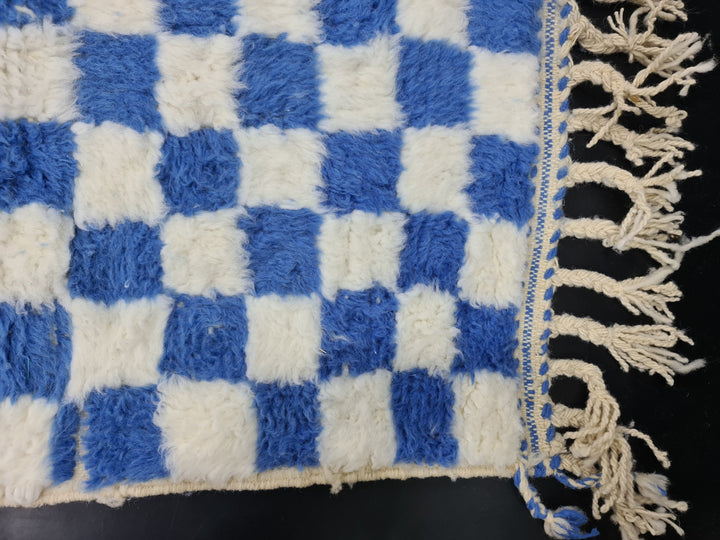 BEAUTIFUL BENIOURAIN RUG, Moroccan Handmade Carpet, Blue And White Rug, Berber Wool Rug, Berber Rug, Checkered Rug,Berber Handwoven Carpet .