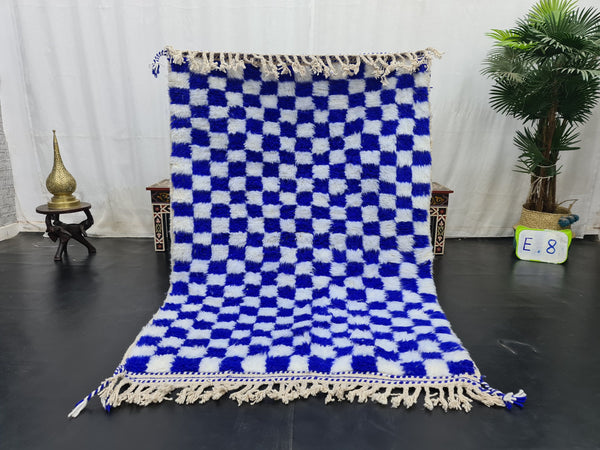 WONDERFUL BENIOURAIN RUG, Moroccan Rug , Moroccan Handmade Carpet,Royal Blue And White Rug, Berber Wool Rug, Berber Rug, Checkered Rug