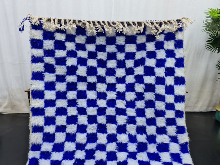 WONDERFUL BENIOURAIN RUG, Moroccan Rug , Moroccan Handmade Carpet,Royal Blue And White Rug, Berber Wool Rug, Berber Rug, Checkered Rug