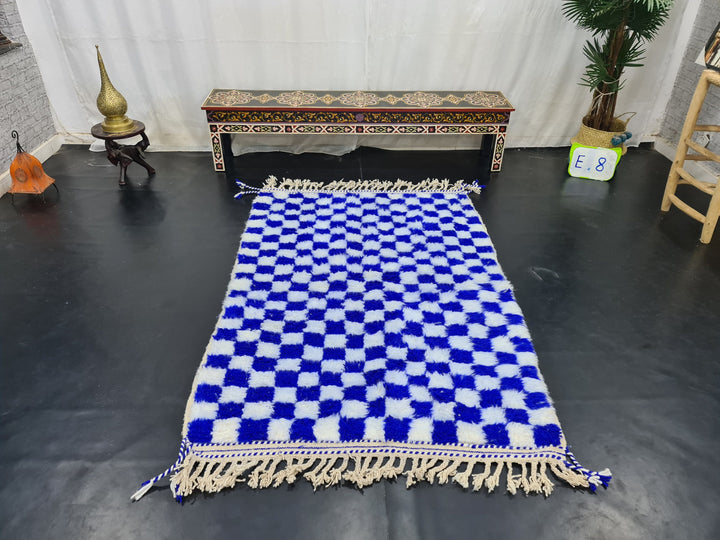 WONDERFUL BENIOURAIN RUG, Moroccan Rug , Moroccan Handmade Carpet,Royal Blue And White Rug, Berber Wool Rug, Berber Rug, Checkered Rug