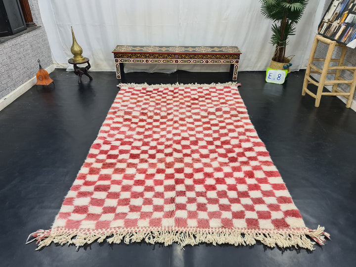 GORGEOUS BENIOURAIN RUG, Moroccan Handmade Carpet, Cerise Pink And White Rug, Berber Wool Rug, Berber Rug,Checkered Rug,Berber Handwoven Rug