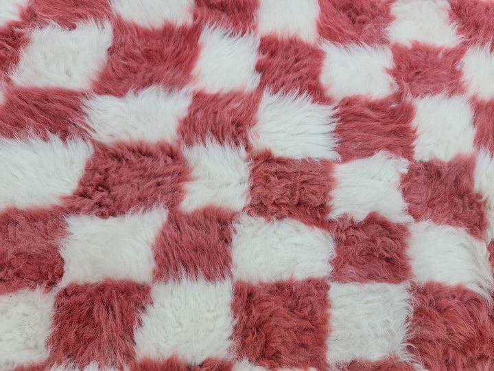 GORGEOUS BENIOURAIN RUG, Moroccan Handmade Carpet, Cerise Pink And White Rug, Berber Wool Rug, Berber Rug,Checkered Rug,Berber Handwoven Rug