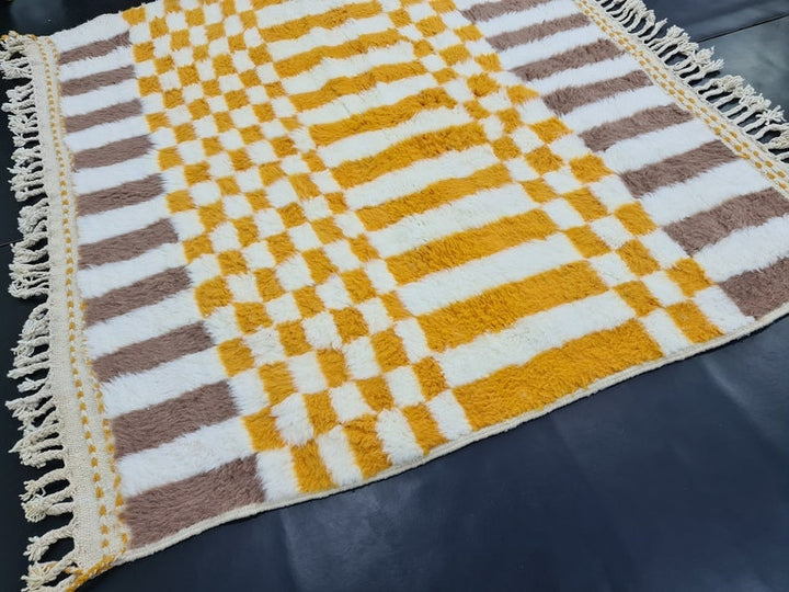 CHECKERED BENIOURAIN RUG, Moroccan Handmade Carpet, Sheep Wool Rug, Berber Rug, Authentic Rug, White, Brown and Yellow Rug, Handwoven Carpet