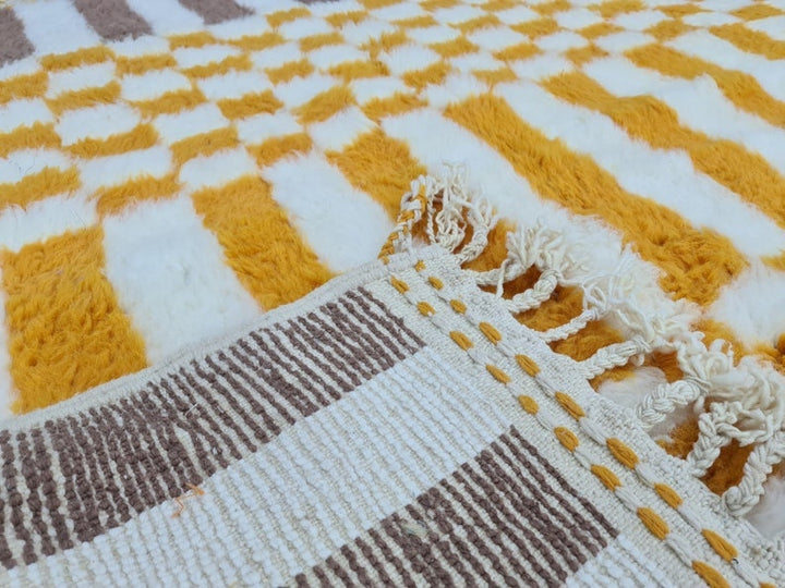 CHECKERED BENIOURAIN RUG, Moroccan Handmade Carpet, Sheep Wool Rug, Berber Rug, Authentic Rug, White, Brown and Yellow Rug, Handwoven Carpet