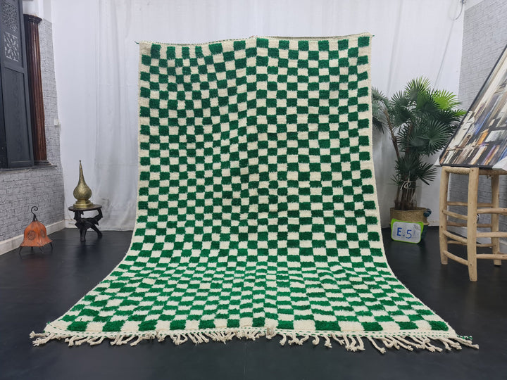 AMAZING BENIOURAIN RUG, Handmade Carpet, Moroccan Rug , Dark Green And White Rug, Berber Rug, Checkered Wool Rug,Azilal Rug,Handwoven Rug