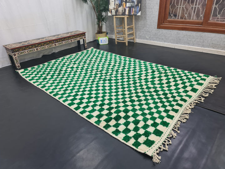 AMAZING BENIOURAIN RUG, Handmade Carpet, Moroccan Rug , Dark Green And White Rug, Berber Rug, Checkered Wool Rug,Azilal Rug,Handwoven Rug