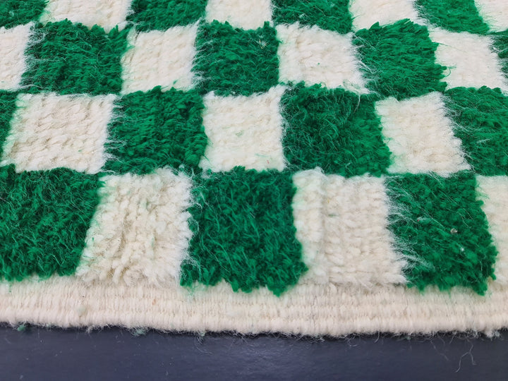 AMAZING BENIOURAIN RUG, Handmade Carpet, Moroccan Rug , Dark Green And White Rug, Berber Rug, Checkered Wool Rug,Azilal Rug,Handwoven Rug