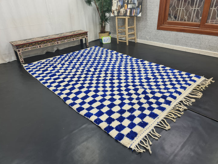 WONDERFUL BENIOURAIN RUG, Moroccan Handmade Carpet , Royal Blue and White Rug,Berber Wool Rug, Checkered Rug, Azilal Berber Handwoven Rug