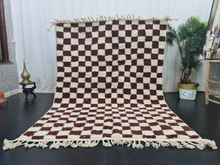 BEAUTIFUL BENIOURAIN RUG, Moroccan Handmade Carpet , Brown And White Rug, Berber Wool Rug, Berber Rug, Checkered Rug,Berber Handwoven Rug