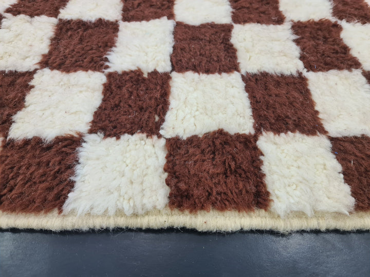 BEAUTIFUL BENIOURAIN RUG, Moroccan Handmade Carpet , Brown And White Rug, Berber Wool Rug, Berber Rug, Checkered Rug,Berber Handwoven Rug