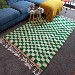 Large Green and white checkered rug, Moroccan Berber checkered rug, Checkered area rug Checkerboard Rug beniourain rug