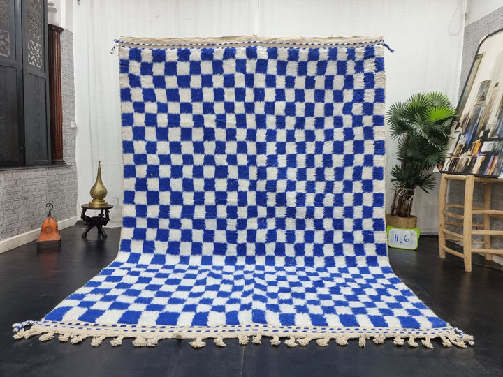 BEAUTIFUL BENIOURAIN RUG, Check Moroccan Rug, Berber Rug, Beniourain Carpet, Azilal Rug, White and Blue Rug, Checker Rug, Handwoven Carpet