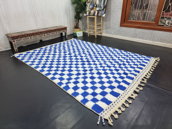 BEAUTIFUL BENIOURAIN RUG, Check Moroccan Rug, Berber Rug, Beniourain Carpet, Azilal Rug, White and Blue Rug, Checker Rug, Handwoven Carpet