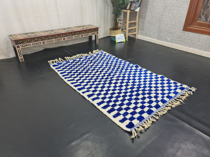 Handmade Beni Ourain Rug, Moroccan Carpet, Check Rug, Bright Blue Rug, Berber Rug, Checkered Rug, Tribal Rug, Tapis berbere, Teppish Marokko