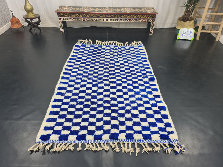 Handmade Beni Ourain Rug, Moroccan Carpet, Check Rug, Bright Blue Rug, Berber Rug, Checkered Rug, Tribal Rug, Tapis berbere, Teppish Marokko