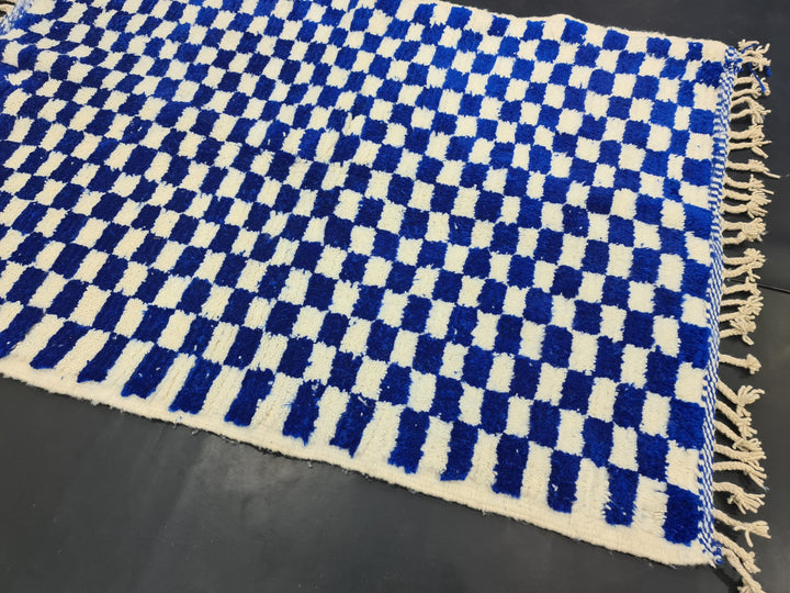 Handmade Beni Ourain Rug, Moroccan Carpet, Check Rug, Bright Blue Rug, Berber Rug, Checkered Rug, Tribal Rug, Tapis berbere, Teppish Marokko