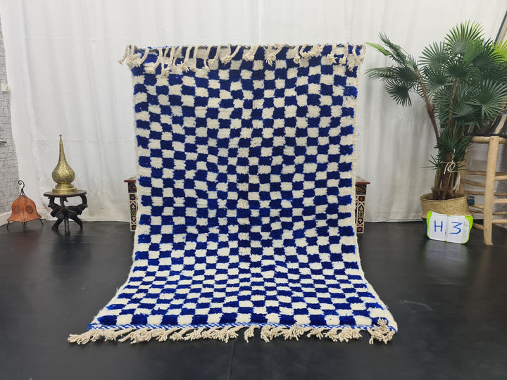 AMAZING BENIOURAIN CARPET, Check Rug, Berber Rug, Beniourain Carpet, Bright Blue Checker White Rug, Checkered Rug, Unique Handwoven Carpet.