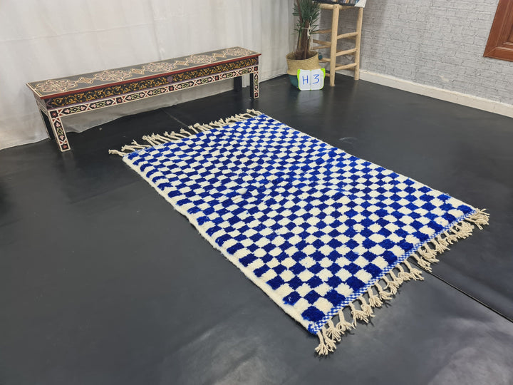 AMAZING BENIOURAIN CARPET, Check Rug, Berber Rug, Beniourain Carpet, Bright Blue Checker White Rug, Checkered Rug, Unique Handwoven Carpet.