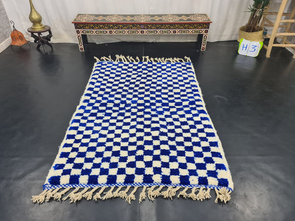 AMAZING BENIOURAIN CARPET, Check Rug, Berber Rug, Beniourain Carpet, Bright Blue Checker White Rug, Checkered Rug, Unique Handwoven Carpet.