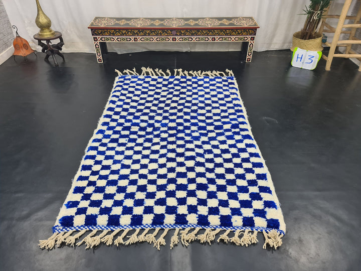 AMAZING BENIOURAIN CARPET, Check Rug, Berber Rug, Beniourain Carpet, Bright Blue Checker White Rug, Checkered Rug, Unique Handwoven Carpet.