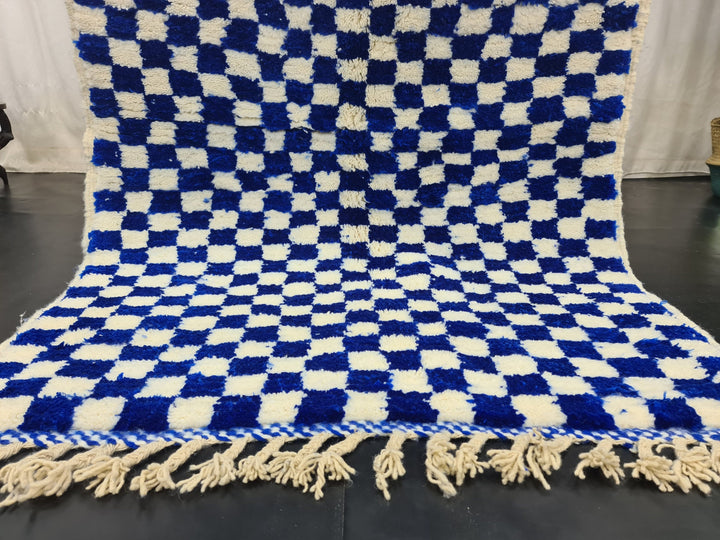 AMAZING BENIOURAIN CARPET, Check Rug, Berber Rug, Beniourain Carpet, Bright Blue Checker White Rug, Checkered Rug, Unique Handwoven Carpet.