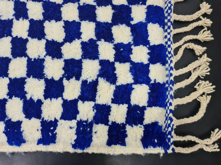 AMAZING BENIOURAIN CARPET, Check Rug, Berber Rug, Beniourain Carpet, Bright Blue Checker White Rug, Checkered Rug, Unique Handwoven Carpet.