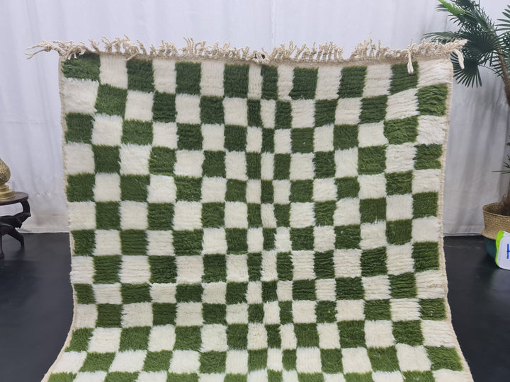 BEAUTIFUL BENIOURAIN RUG, Moroccan Handmade Carpet, White and Pine Green, Small CheckRug, Wool Rug, Berber Rug, Checkered Rug, Handwoven Rug