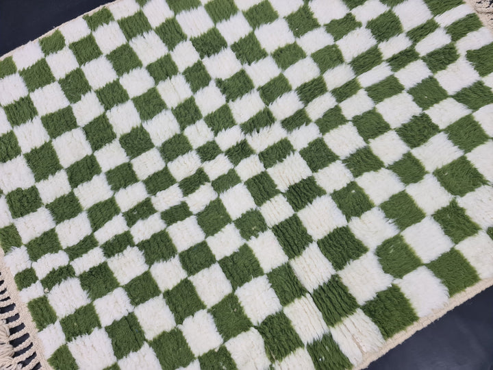 BEAUTIFUL BENIOURAIN RUG, Moroccan Handmade Carpet, White and Pine Green, Small CheckRug, Wool Rug, Berber Rug, Checkered Rug, Handwoven Rug