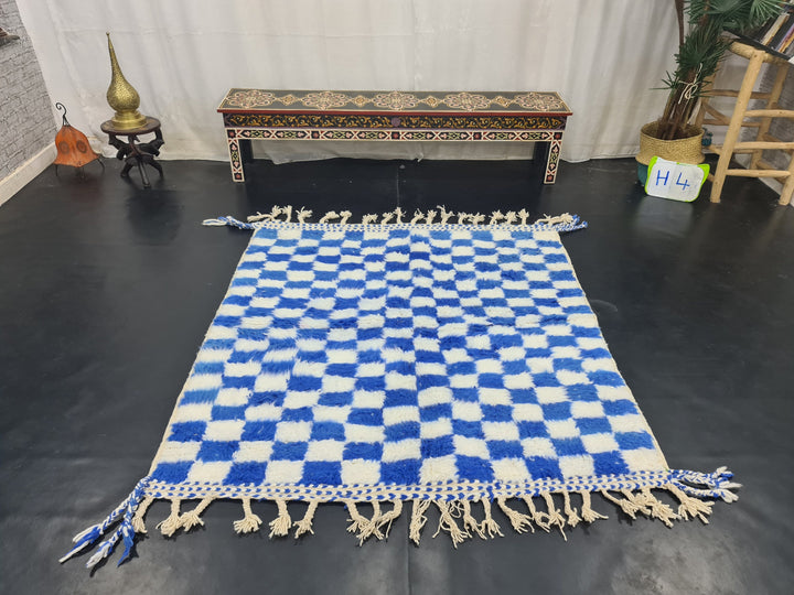 HANDMADE BENIOURAIN RUG, Moroccan Handwoven Carpet, White and Blue Rug, Authentic Berber Rug, Checkered Rug, Checker Wool Rug, Tapis berbere