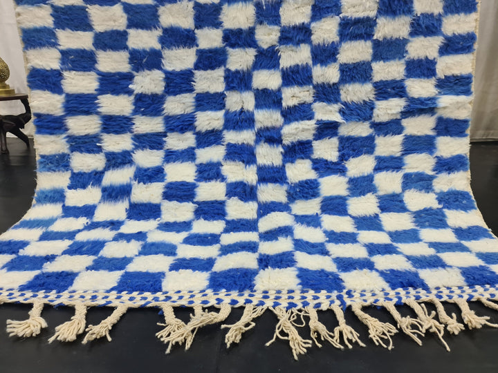 HANDMADE BENIOURAIN RUG, Moroccan Handwoven Carpet, White and Blue Rug, Authentic Berber Rug, Checkered Rug, Checker Wool Rug, Tapis berbere