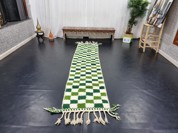 BEAUTIFUL BENIOURAIN RUG, Moroccan Handmade Carpet,Pickle,Dark Green And White Rug,Berber Rug, Azilal Rug,Checkered Rug,Berber Handwoven Rug