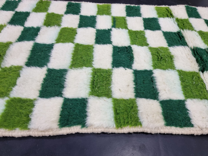 BEAUTIFUL BENIOURAIN RUG, Moroccan Handmade Carpet,Pickle,Dark Green And White Rug,Berber Rug, Azilal Rug,Checkered Rug,Berber Handwoven Rug