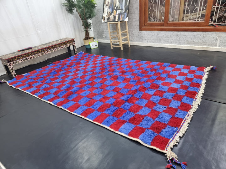 BEAUTIFUL BENIOURAIN RUG, Moroccan Handmade Rug, Vivid Red and Blue Rug, Sheep Wool Rug, Berber Rug, Bright Checker Rug,Berber Handwoven Rug